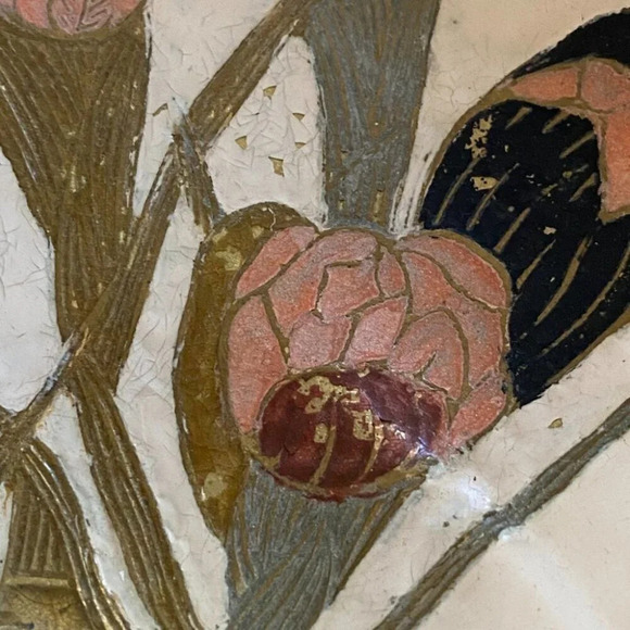 Vintage Handpainted Iris  Flowers on Solid Brass Trinket Dish - Picture 6 of 12